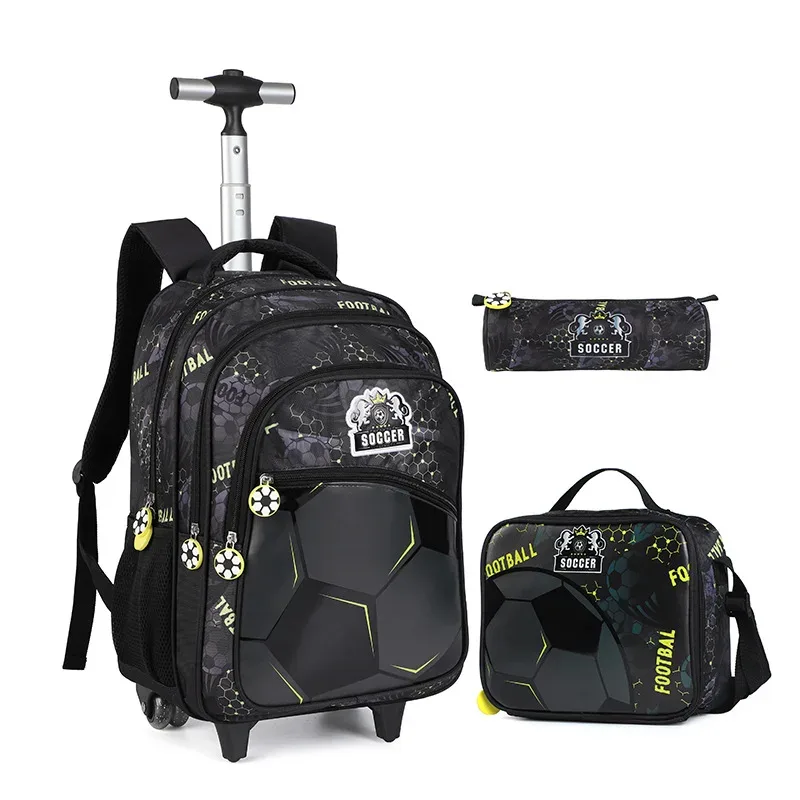 sac à dos roulant d'école avec roulettes pour garçons, ensemble de sacs à dos à roulettes d'école de football avec boîte à déjeuner, sacs de bagages de voyage pour enfants
