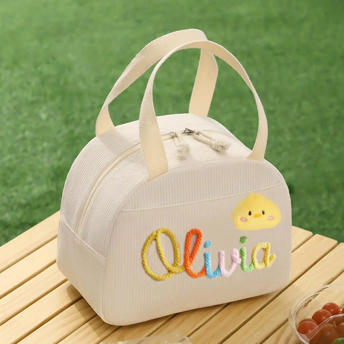 sac fourre-tout personnalisé avec initiales – sac à déjeuner isotherme en velours côtelé grande capacité personnalisé ; cadeau de rentrée scolaire, sac de vacances et de fête