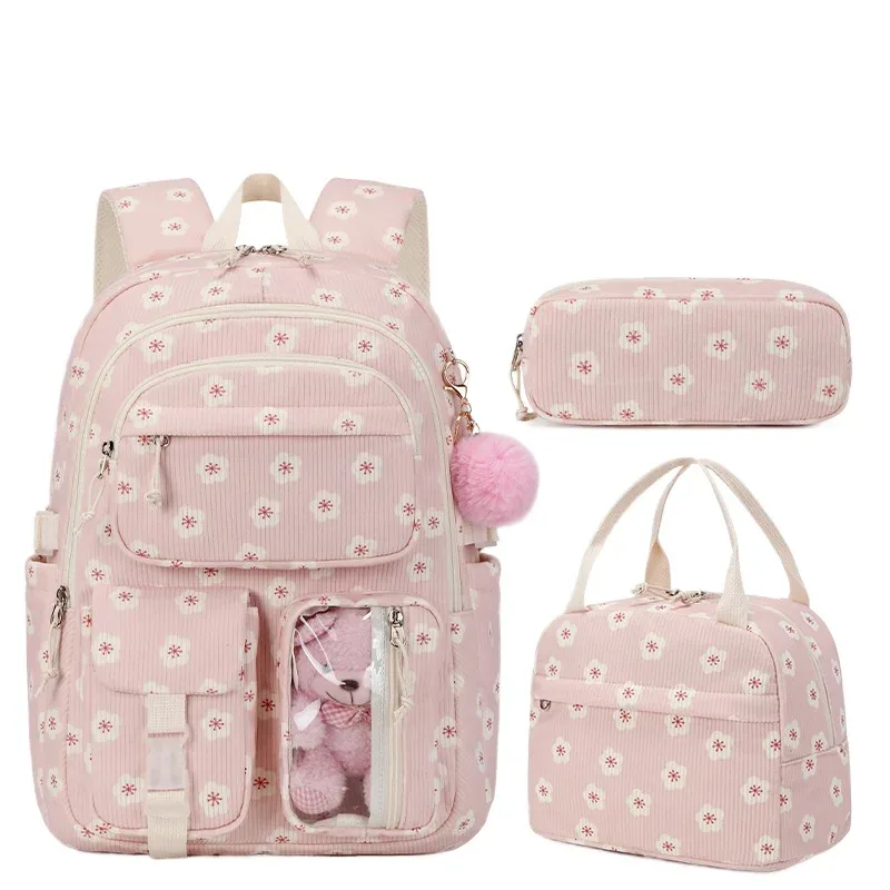 Lot de 3 sacs à dos en velours côtelé motif fraise, multifonctionnels, pour l'école, les voyages, grande capacité, légers, pour étudiants