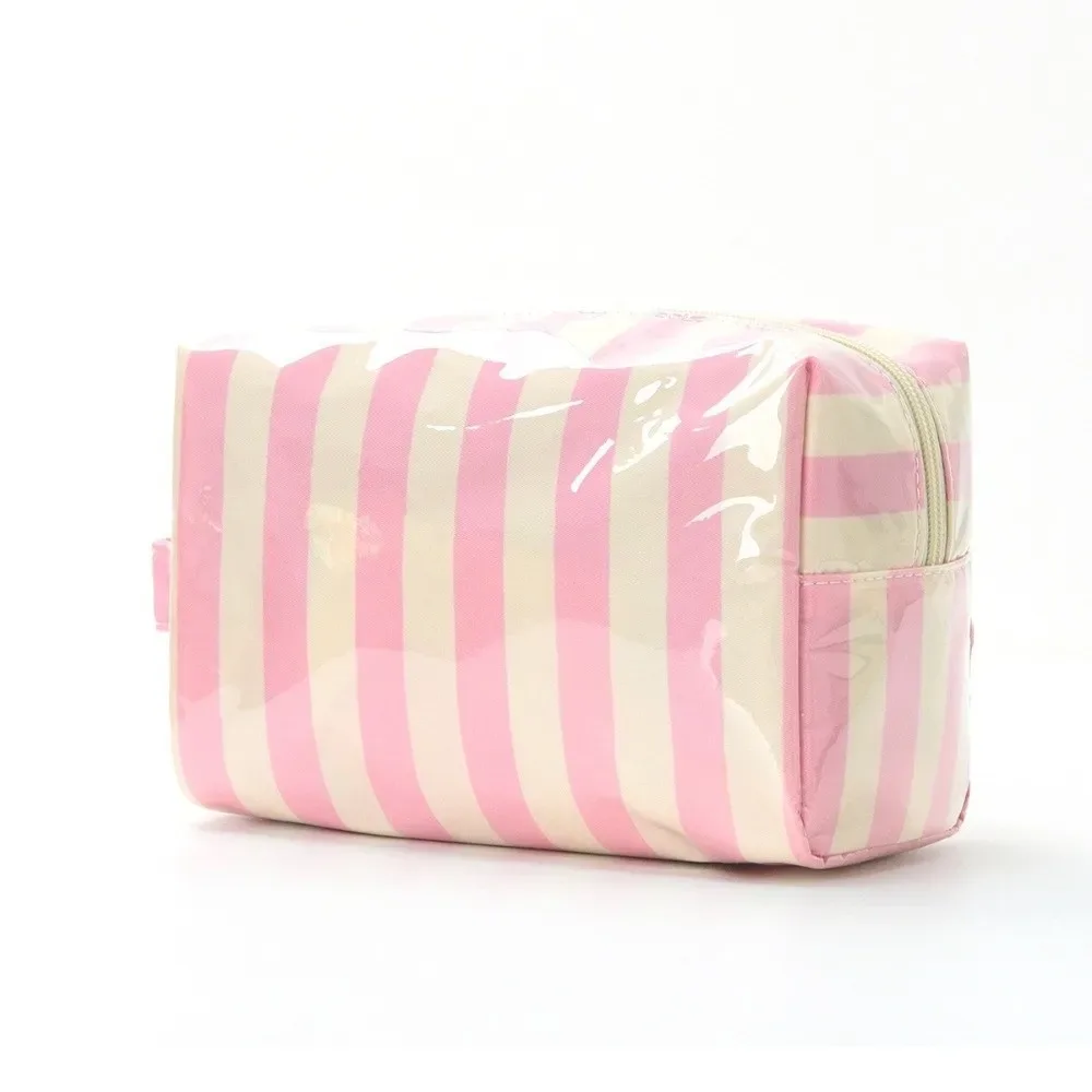 trousse de toilette imperméable rayée grande capacité rose en pvc – organisateur de maquillage portable simple pour voyage – sac de rangement cosmétique pour femme