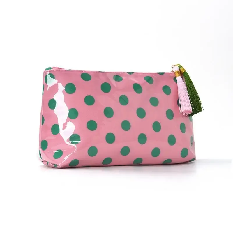 sac à cosmétiques rétro à pois en pvc, sac de maquillage avec franges et fermeture éclair, trousse de toilette de voyage étanche, étui pour pinceaux de maquillage