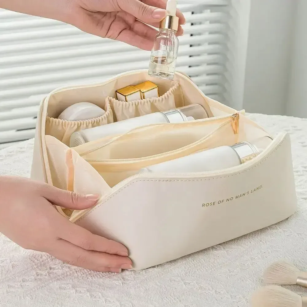 sac à cosmétiques en cuir pu, sacs de rangement de cosmétiques de voyage de grande capacité pour femmes, sac à main portable multifonction, sac de lavage étanche