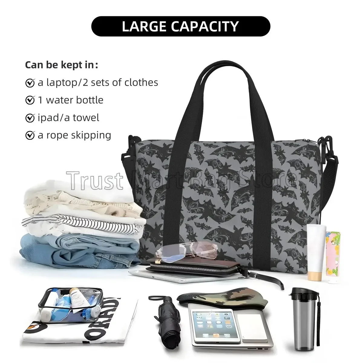 goth halloween chauves-souris imprimer sac de sport chauves-souris noires animaux volants sacs de voyage de nuit sac à bagages sacs de week-end pour femmes hommes