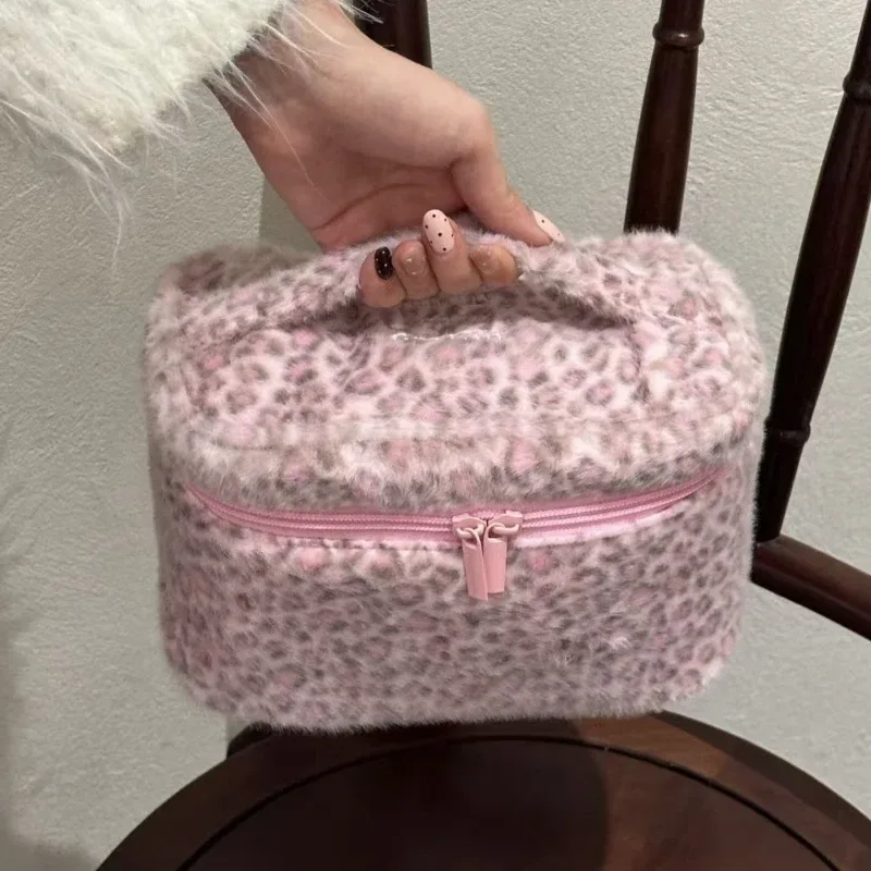 sac à cosmétiques pour femmes, sac de maquillage en peluche léopard mignon kawaii, sac de rangement multifonctionnel à la mode, grande capacité, pochette de rangement multifonctionnelle