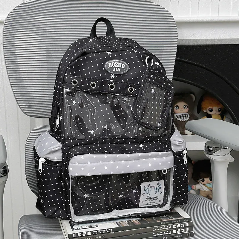 sac à dos très stylé pour les filles du collège, grande capacité, sac à dos à pois et imprimé étoiles pour les lycéennes