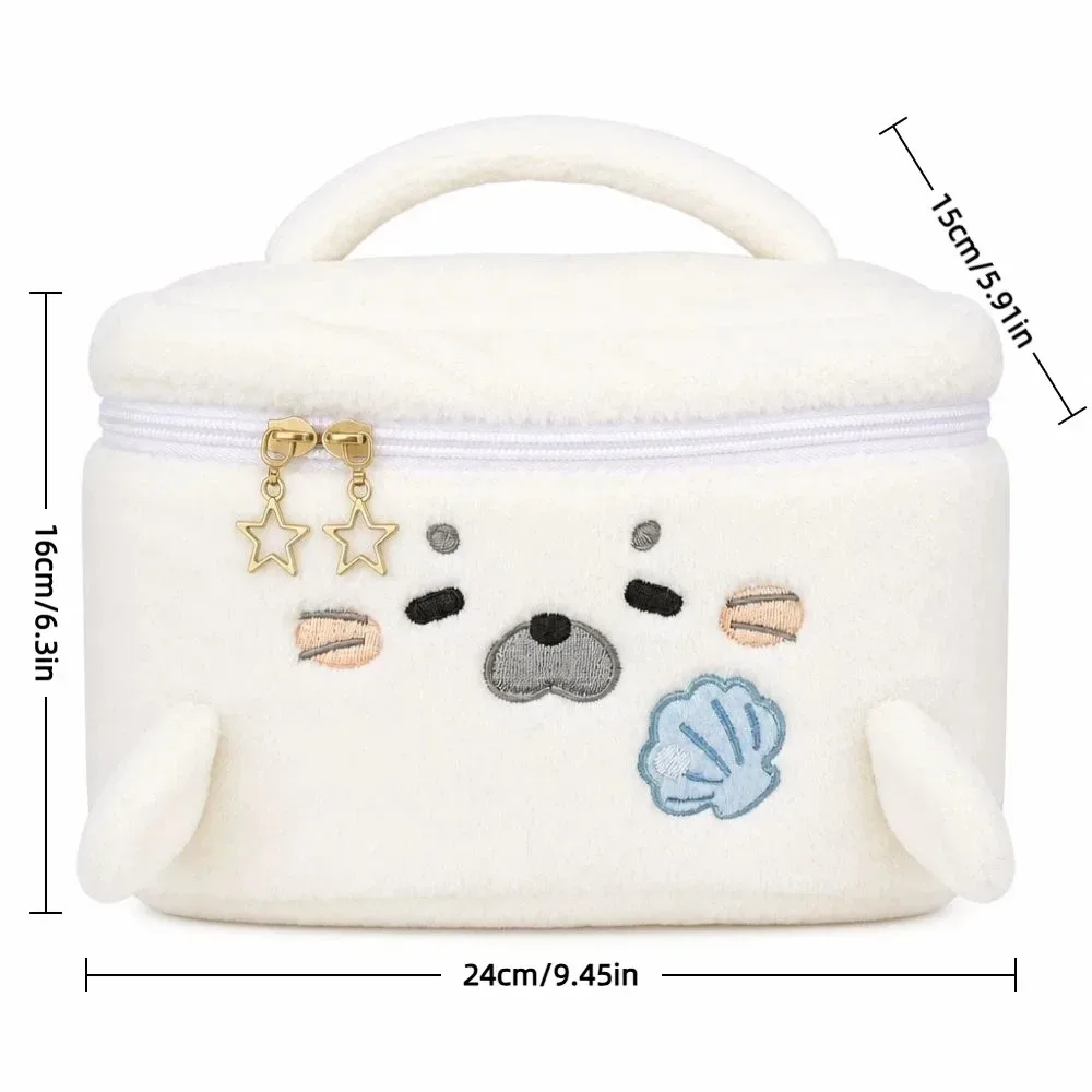 trousse de maquillage grande capacité en forme de phoque moelleux, sac cosmétique portable à motif brodé, trousse de toilette de voyage polyvalente