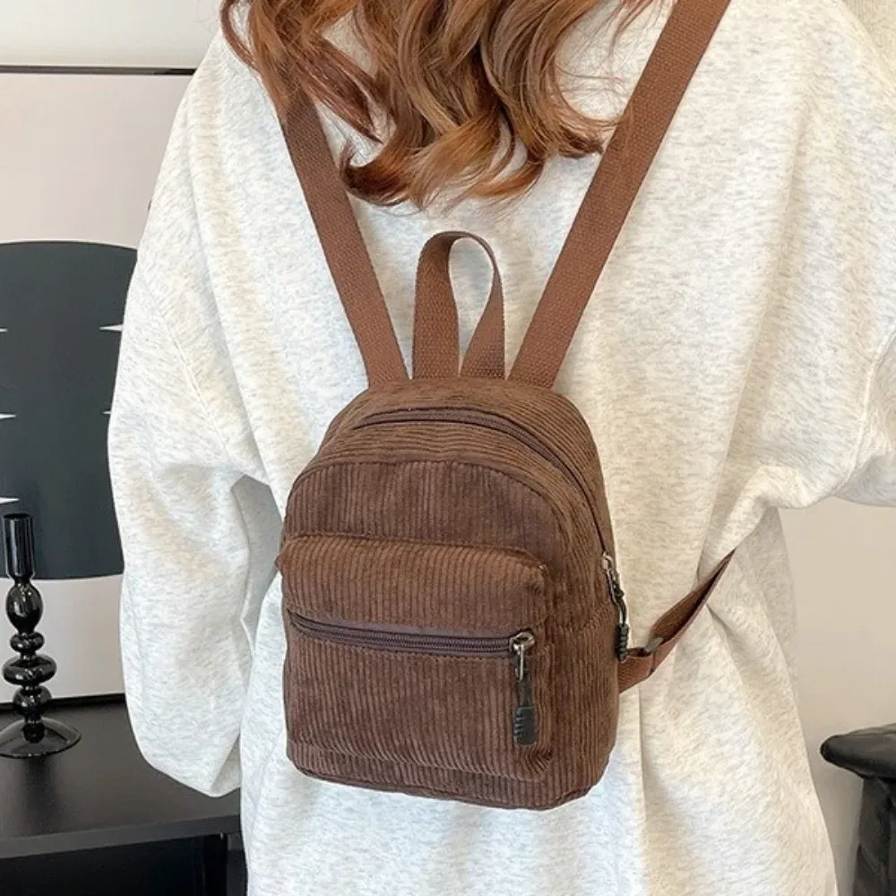 sac à dos mini polyvalent en velours côtelé de couleur unie, avec fermeture éclair, plusieurs poches, double bandoulière, léger, style vintage, pour le quotidien et les voyages
