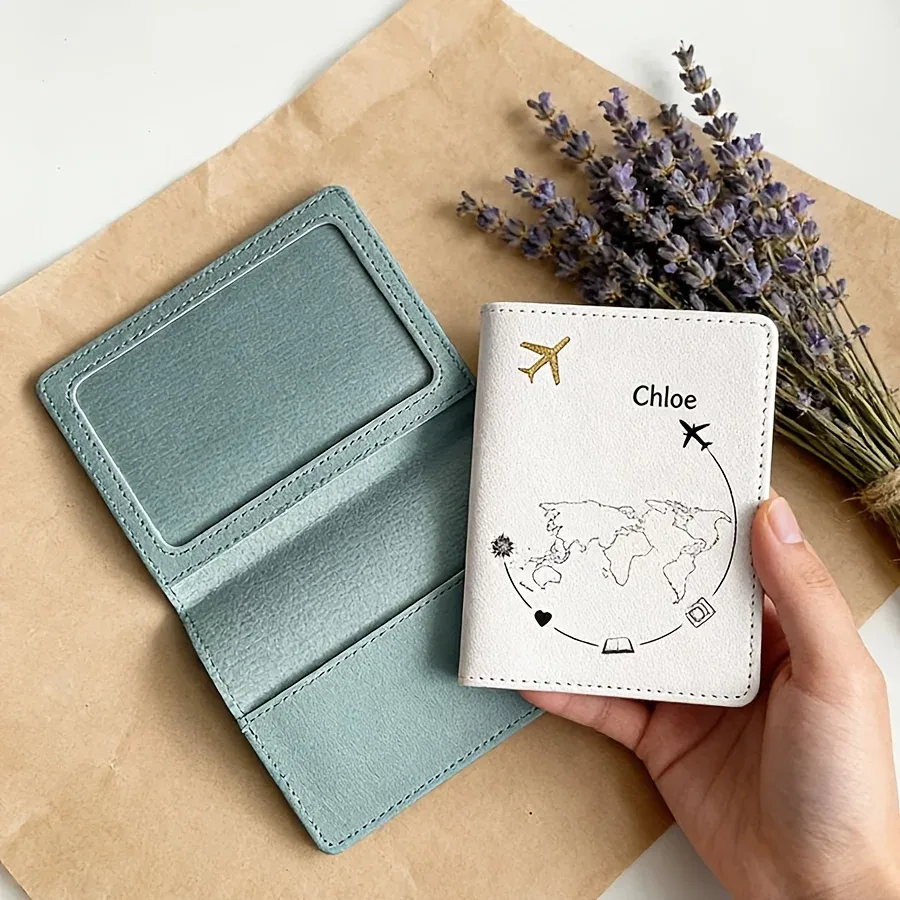 porte-passeport de voyage personnalisé avec texte - cuir synthétique léger, fermeture à bouton-pression, intérieur non doublé