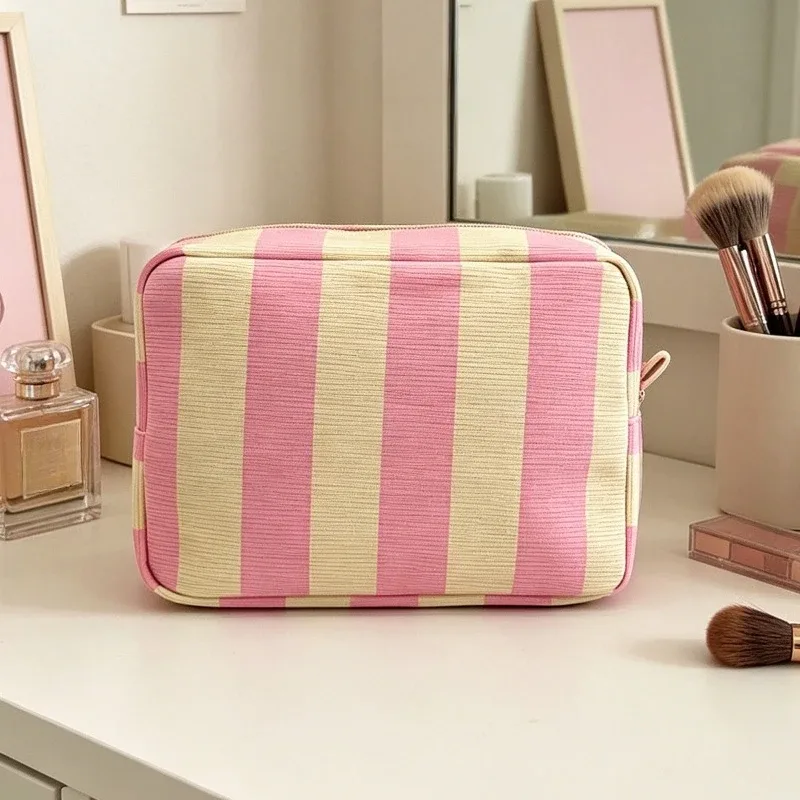 sac de maquillage rayé en forme de boîte pour femmes, sac à cosmétiques portable avec fermeture éclair, organisateur de voyage, pochette de rangement pour articles de toilette féminins