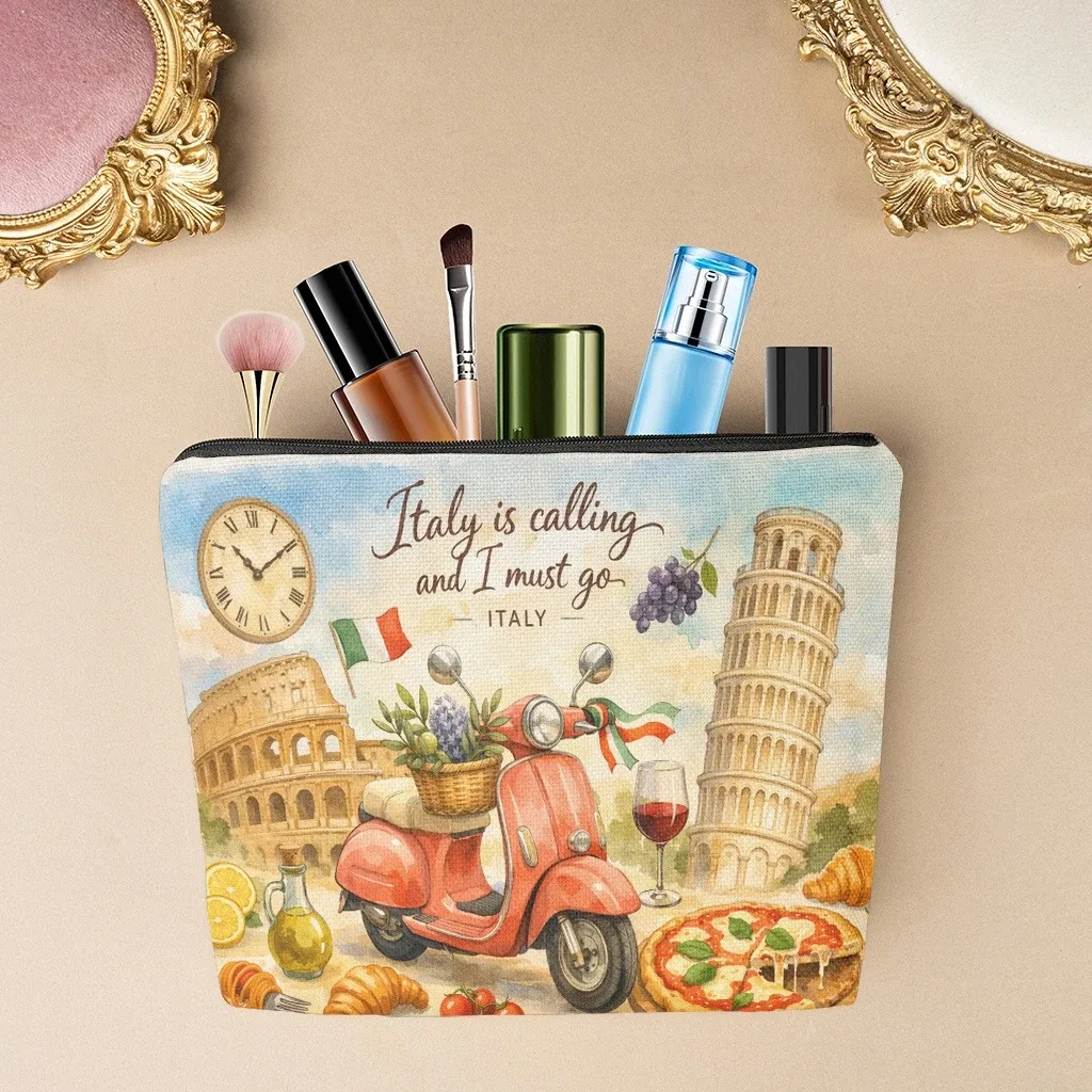 Pochette cosmétique 1 pièce, sac à maquillage en lin à thème voyage italien, pochette cosmétique légère avec fermeture éclair pour femme