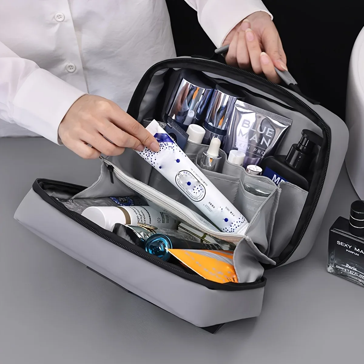 sac de rangement de maquillage à double ouverture pour hommes, sac de maquillage et de beauté portable à fermeture éclair, sacs de rangement de produits de toilette de voyage d'affaires