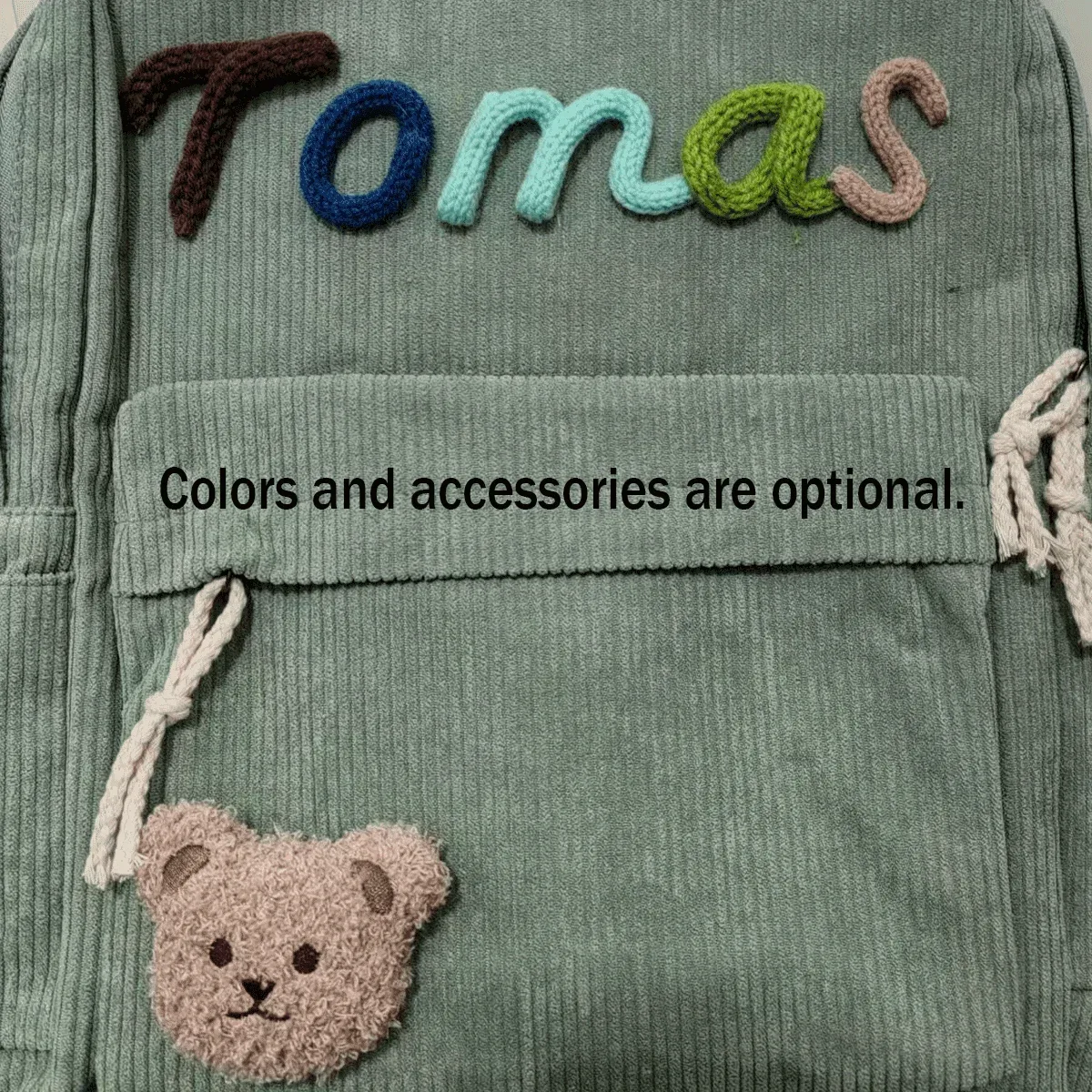 sac à dos unisexe personnalisé en velours côtelé — initiales brodées à la main, design coloré, choix de couleurs et d'accessoires
