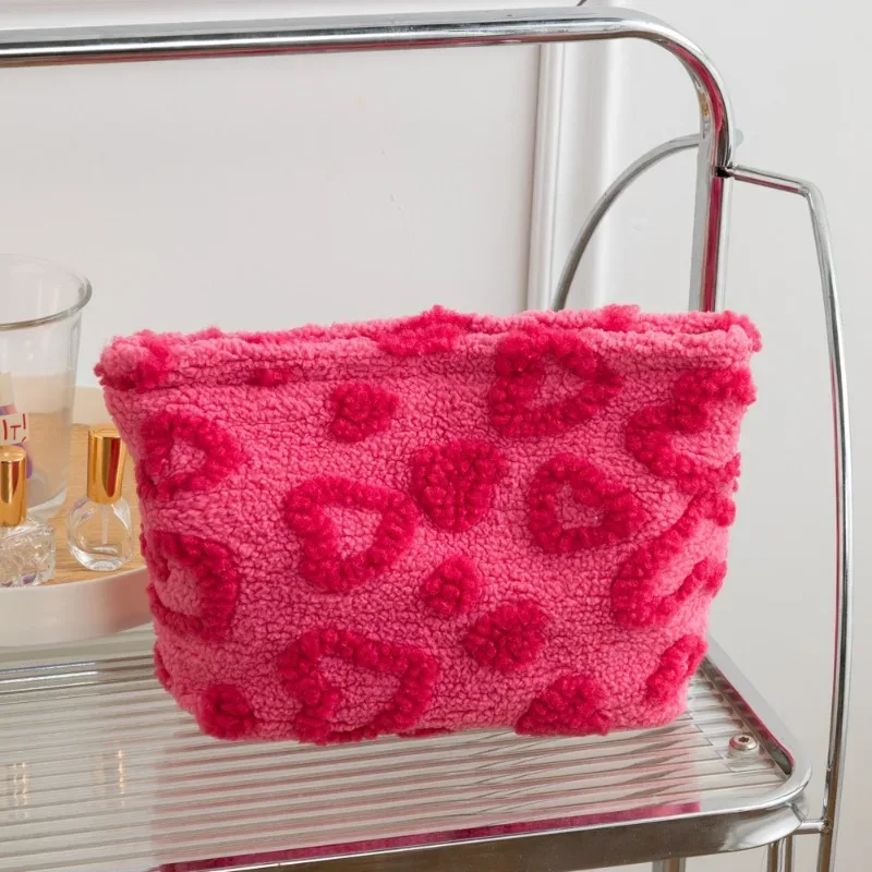 sac de rangement en peluche grande capacité, sac de maquillage portable de voyage, motif cœur, pochette de transport à main, cosmetiquera para maquillaje ravissant