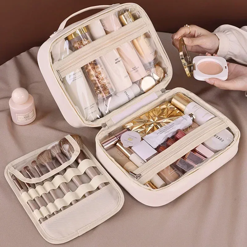sac de maquillage portable pour femmes, trousse de beauté de voyage avec compartiment pour pinceaux, grande capacité, sac de rangement imperméable pour soins de la peau