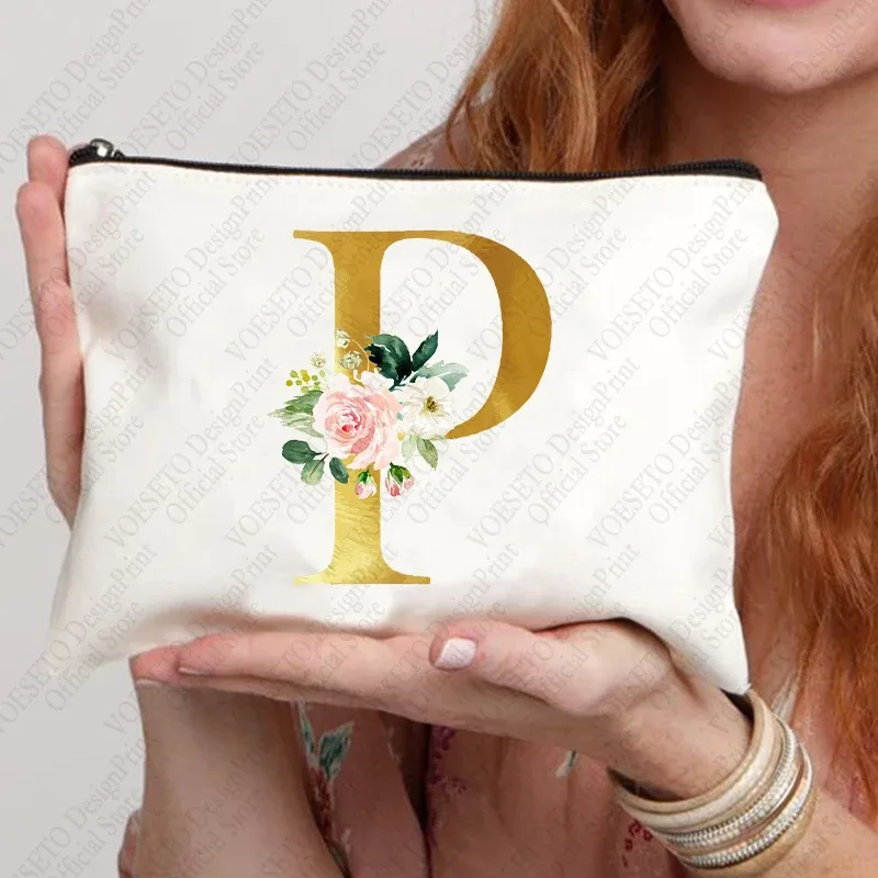 sac à fermeture éclair à motif initial pour femme, trousse de maquillage cosmétique, poudres de toile de bain de mariage, sacs de rouge à lèvres de voyage, cadeau de fête d'enterrement de vie de jeune fille