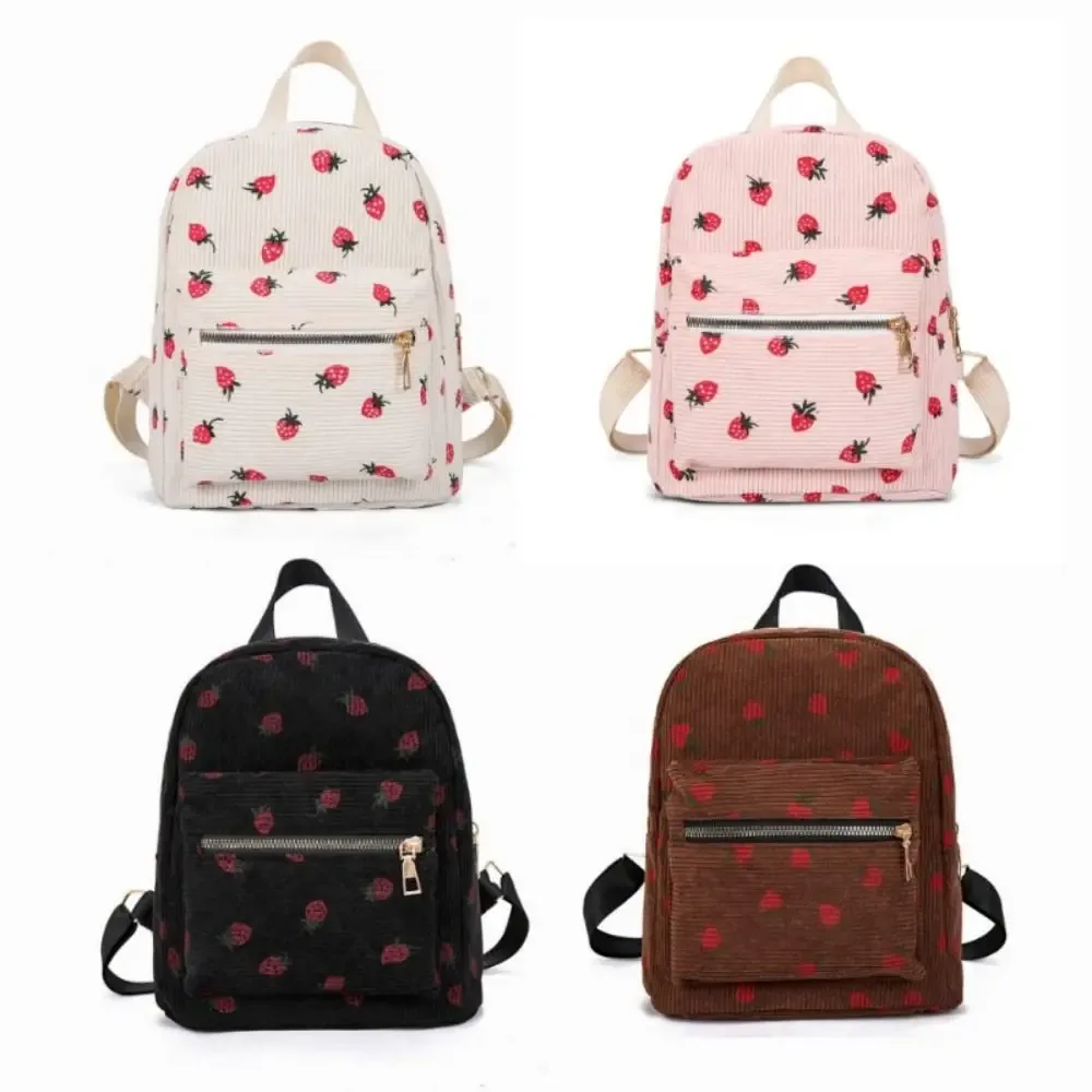 sac à dos fraise en velours côtelé, multi-poches, sangle réglable, sac à dos de voyage, grande capacité, motif fraise, sac à dos quotidien