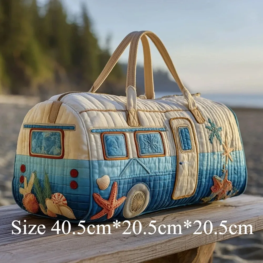 sac de voyage matelassé imprimé en 3d, design camping-car, avec coquillages et étoiles de mer, léger, sac de week-end, sac de voyage, sac de transport