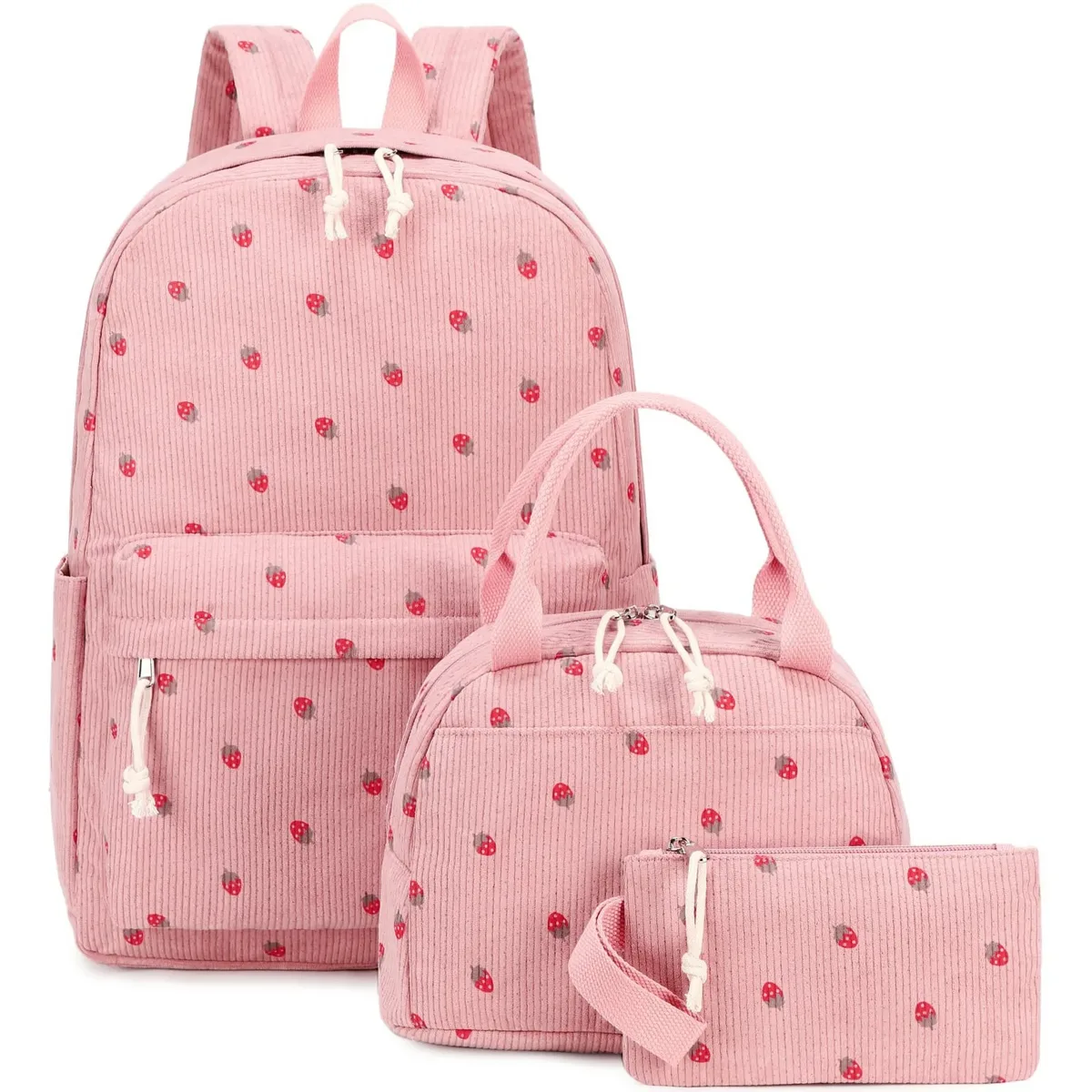 ensemble de 3 sacs à dos en velours côtelé motif fraise – polyvalent, décontracté, pour voyage et école – grande capacité et léger pour l'usage quotidien des étudiants