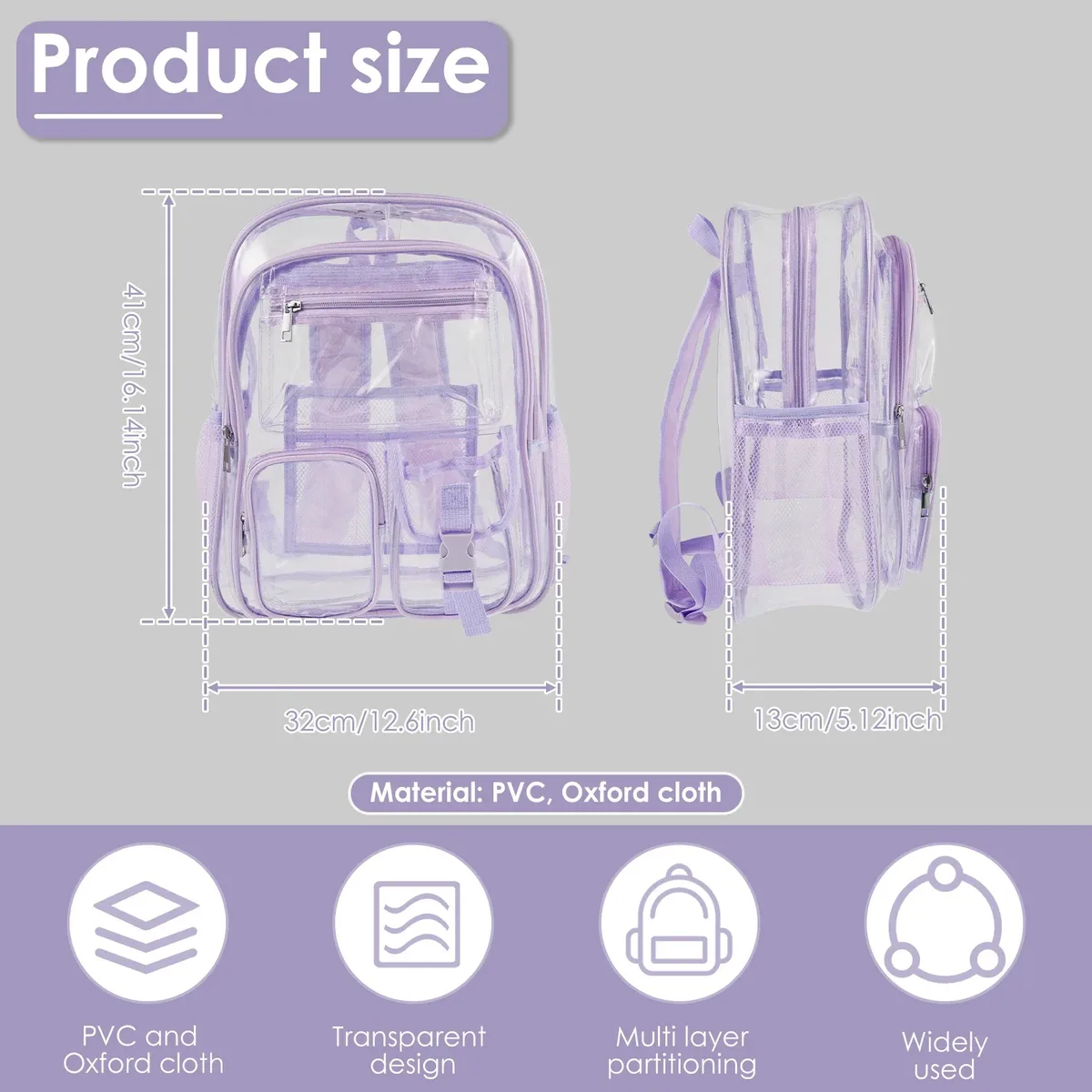 sac à dos transparent en pvc multi-poches, avec bretelles élargies, grande capacité, sac à dos de sport tendance pour étudiants