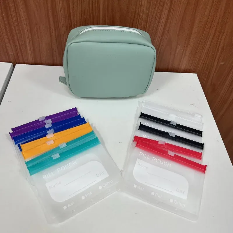 ensemble de sacs de voyage imperméables, 14 pochettes de rangement réutilisables avec fermeture éclair et étui compact, organisateur anti-fuite pour compléments alimentaires quotidiens