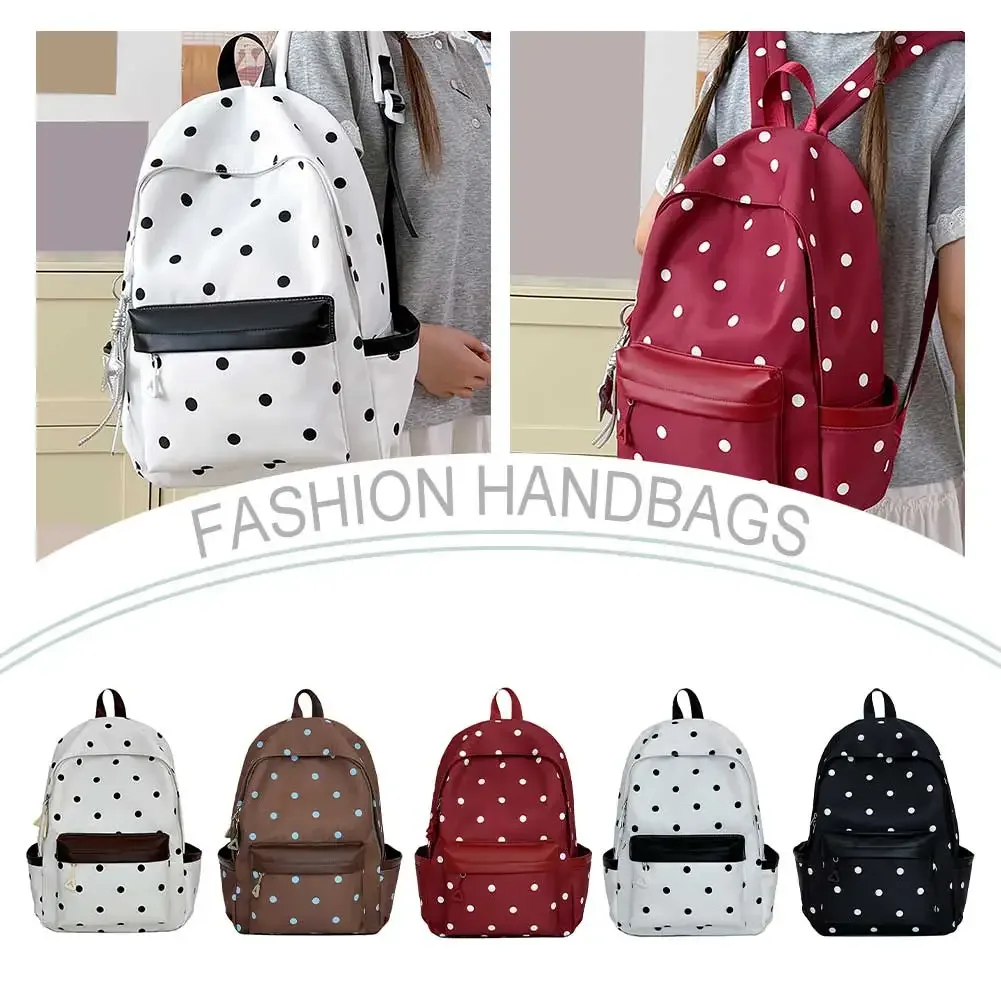 Sac à dos esthétique à pois style preppy avec breloque étoile, sac à livres pour campus, sac à dos de voyage décontracté Kawaii pour adolescentes et femmes