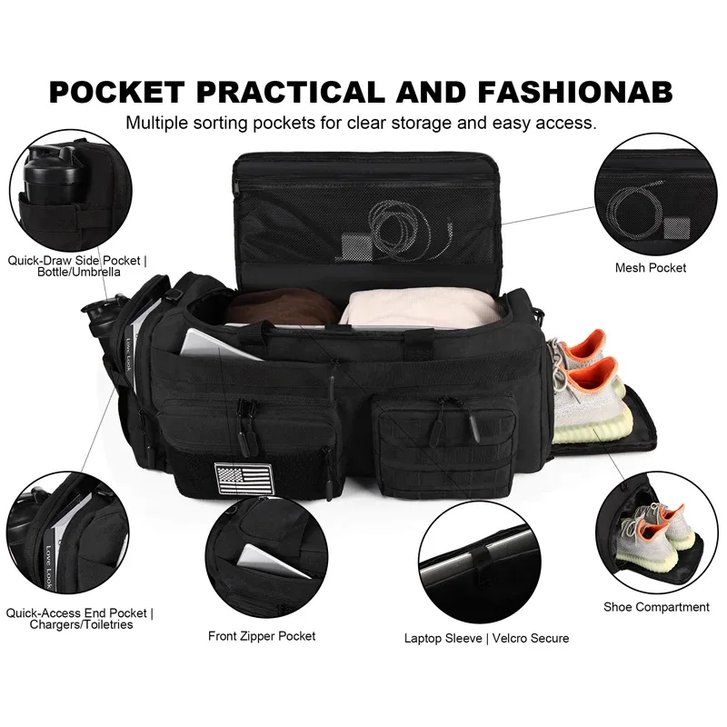 sac de voyage 3 en 1 de 50l pour hommes, grand sac de sport, sac à dos tactique militaire avec compartiment pour chaussures et poche étanche