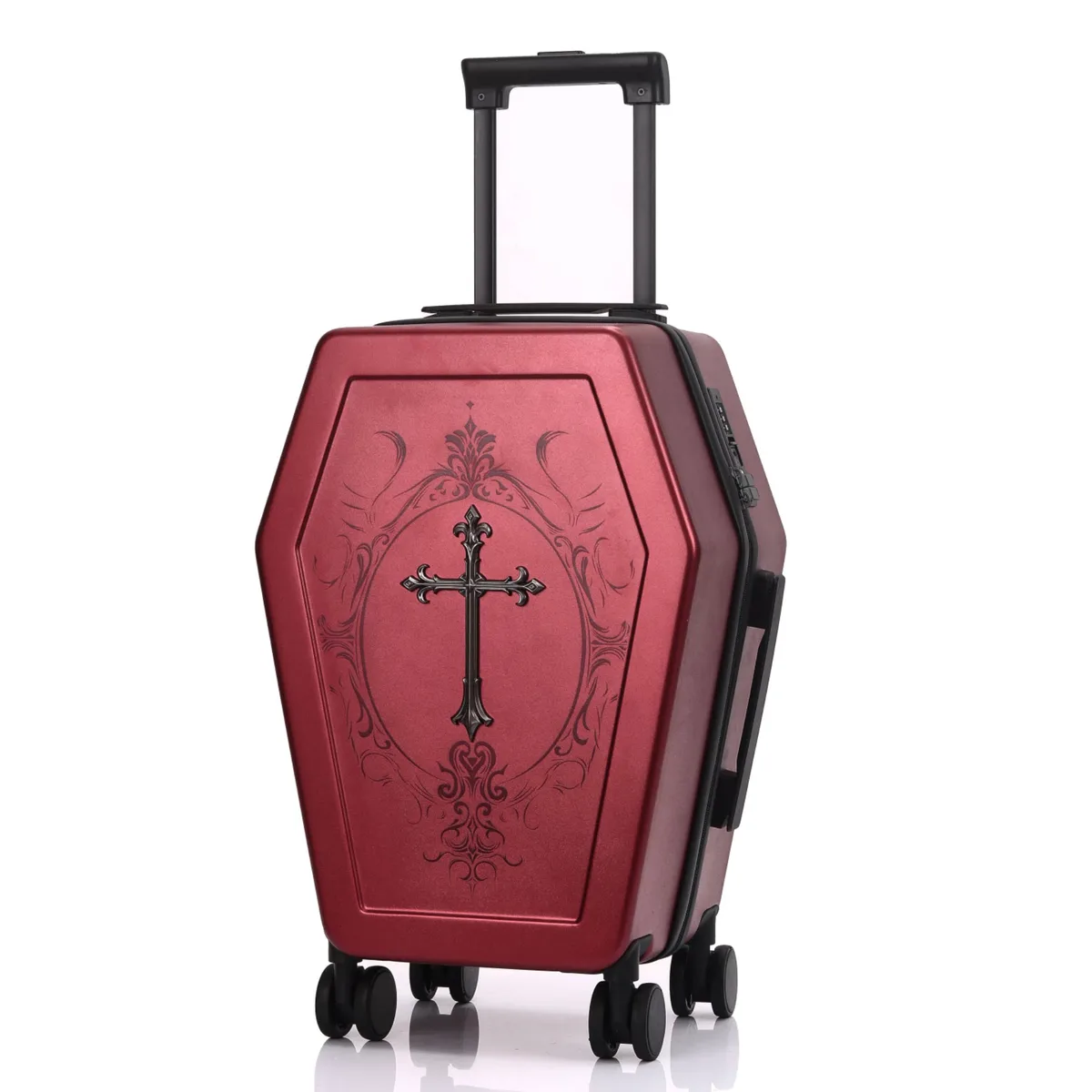 valise gothique au design unique en forme de cercueil, sac de voyage d'halloween, coffre rétro noir, valise à thème vampire, bagage à esthétique sombre.