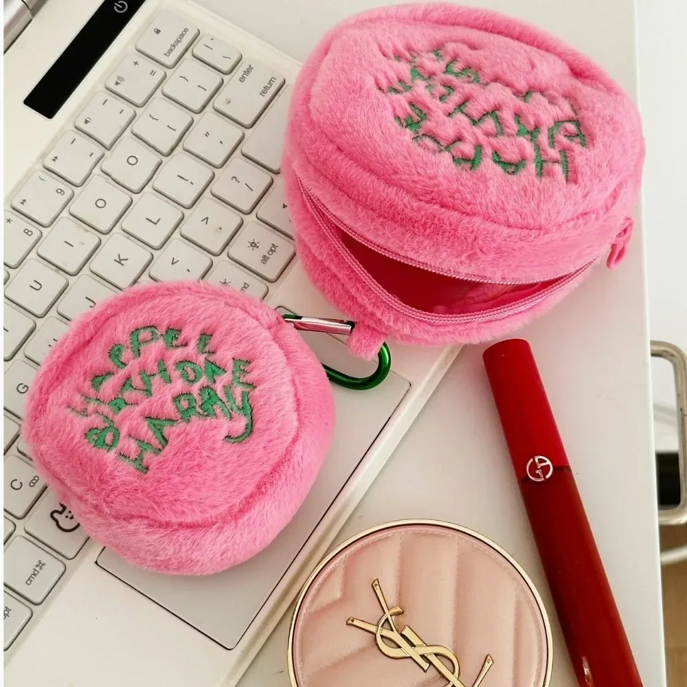 portefeuille portable en peluche rose à pois, mini porte-monnaie, organisateur de câbles d'écouteurs, pochette de rangement en forme de gâteau