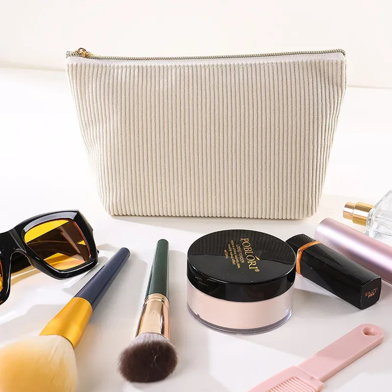 trousse de maquillage en velours côtelé grande capacité avec fermeture éclair