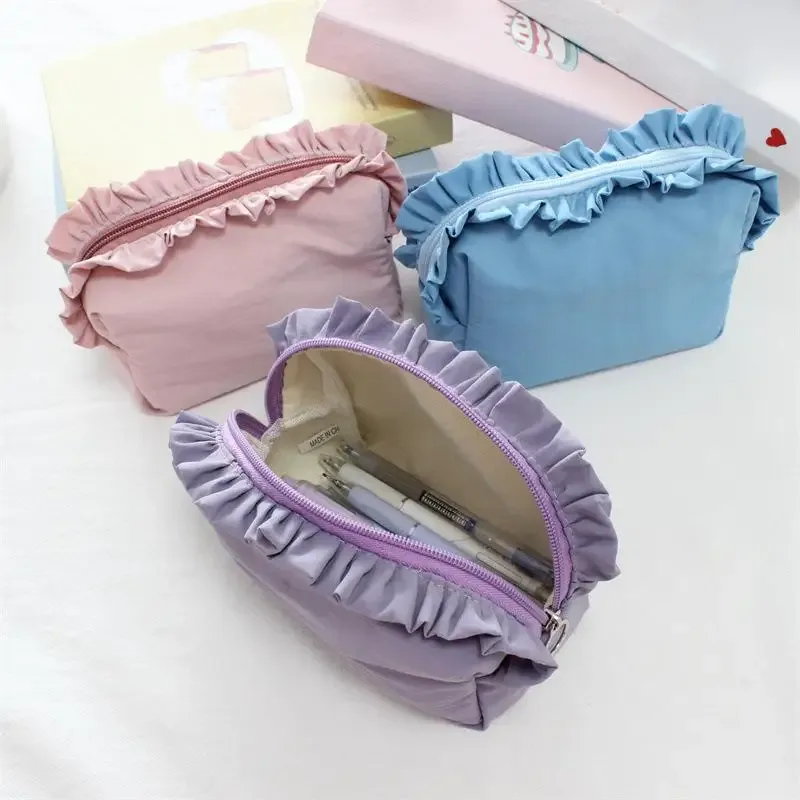 sac à cosmétiques à volants multicolores, pochette de maquillage mignonne avec fermeture éclair, sac de rangement de voyage portable pour femmes et filles