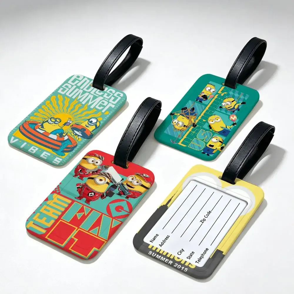 étiquette de bagage de voyage m-minions amusante et mignonne, couverture de carte d'information en pvc, marqueur de nom anti-perte pour sac à dos.