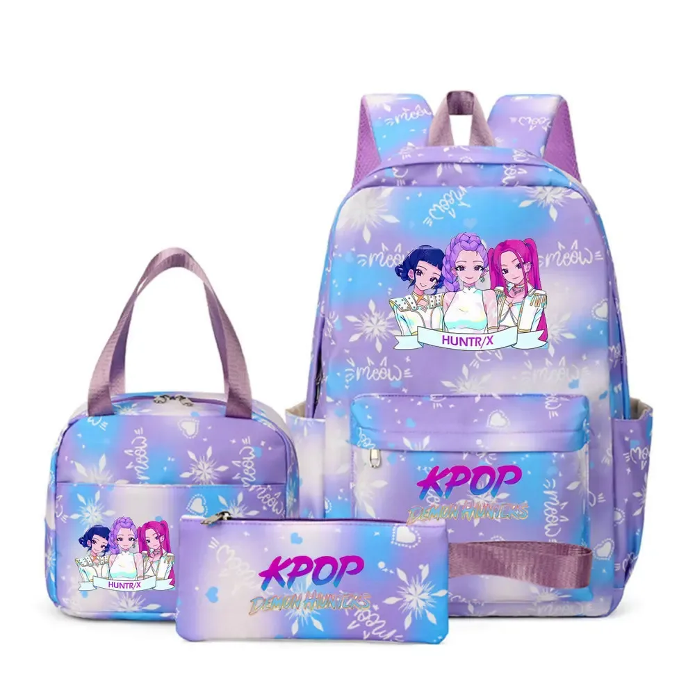 sacs d'école imprimés kpop demon hunters pour femmes et filles, 3 pièces/ensembles, avec sacs à lunch, cartable coloré pour étudiants garçons et filles