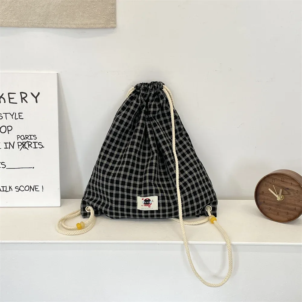 sac à dos d'été pour femmes, sac à dos à deux épaules avec cordon de serrage, sac à dos kawaii pour adolescentes, sac à dos coréen en toile ultra légère à carreaux
