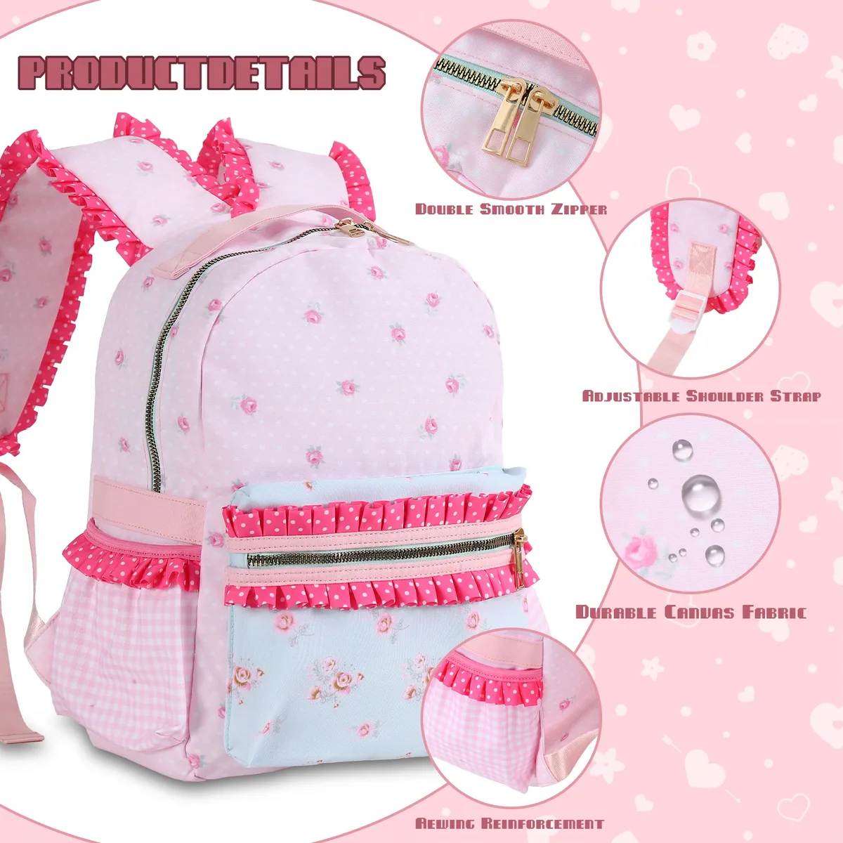 sac à dos pour filles à volants, toile florale, doublure à pois et à carreaux, grande capacité, rose, mignon, pour la rentrée scolaire.