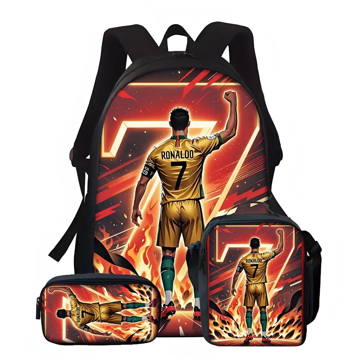 sac d'école décontracté à imprimé cr7 avec sac à déjeuner et trousse à crayons, ensemble de 3 pièces, sacs à dos pour étudiants du primaire, garçons et filles, cadeaux d'anniversaire