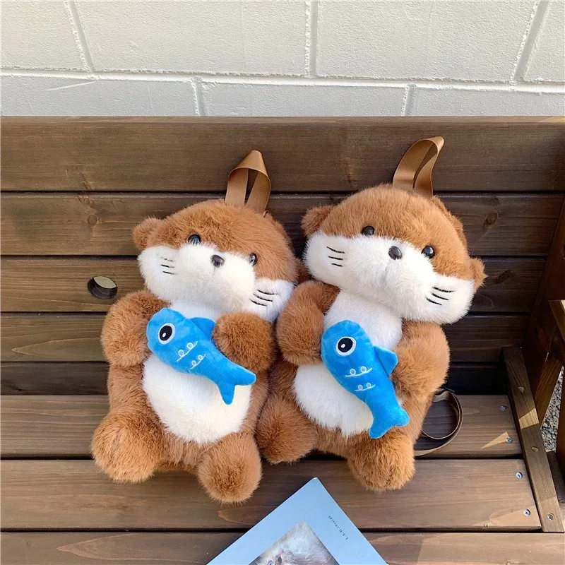 adorable loutre tenant du poisson sac à dos en peluche capybara mignon filles sac à dos tendance cadeaux décontractés pour les enfants