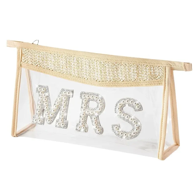trousse de maquillage transparente pour la mariée, sac cosmétique de fiançailles, cadeaux de douche pour patients, patchs de lettres en biscuits scintillants, voyage en pvc étanche