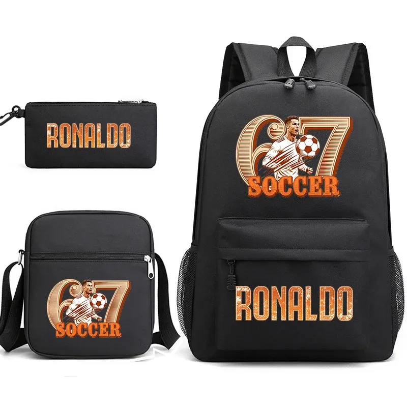 ensemble de sac à dos d'école imprimé cr7 ronaldo 67 avec sac à bandoulière et trousse à crayons pour adolescents et enfants, sac à dos léger