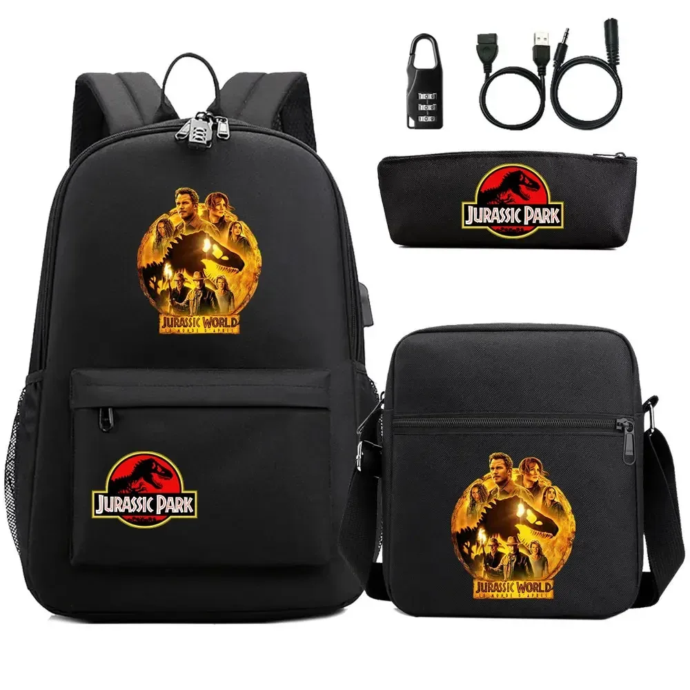 dinosaure jurassic park world 3 pièces usb antivol serrure garçon fille enfants école livre sacs voyage sac à dos sac à bandoulière stylo sac