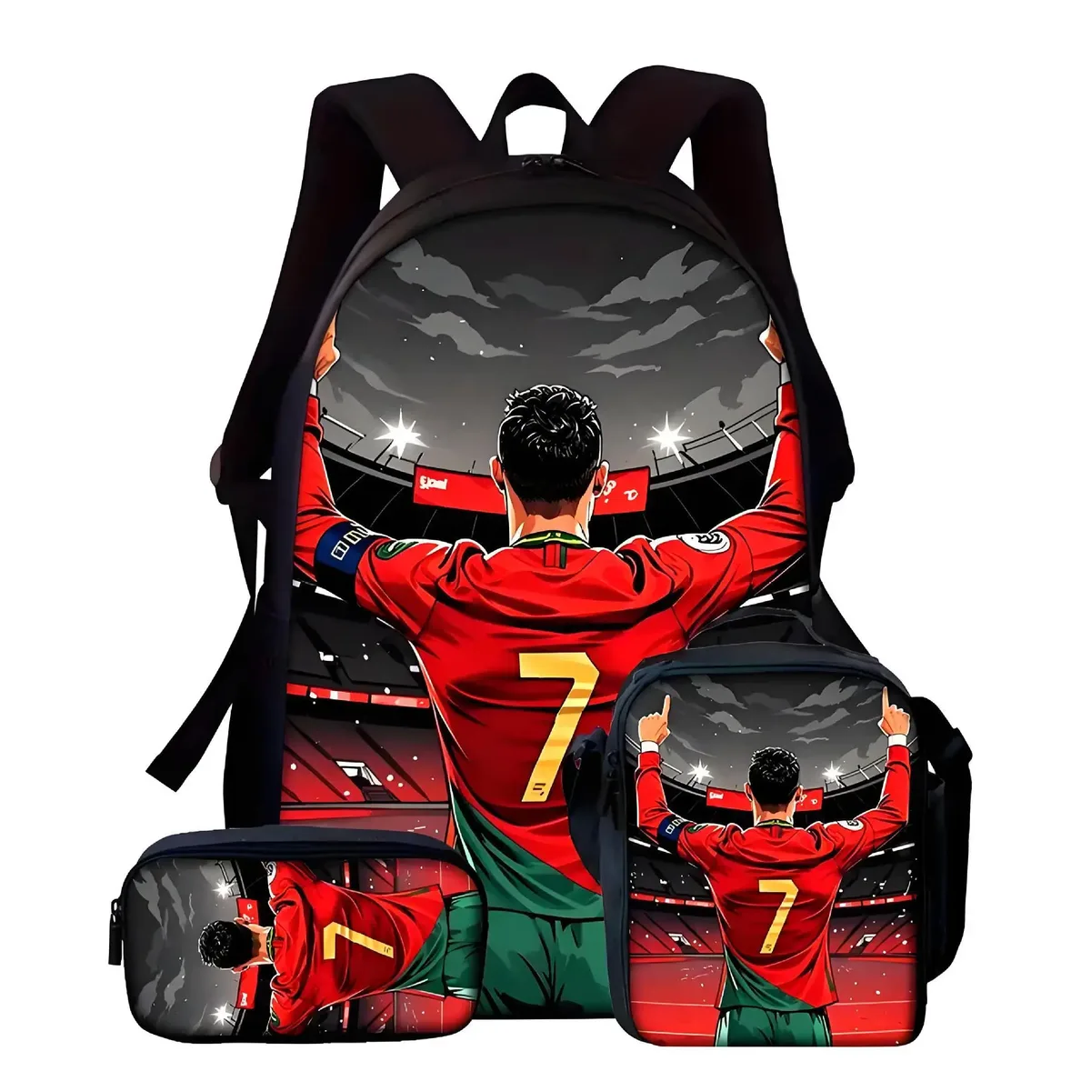 sac d'école décontracté à imprimé cr7 avec sac à déjeuner et trousse à crayons, ensemble de 3 pièces, sacs à dos pour étudiants du primaire, garçons et filles, cadeaux d'anniversaire
