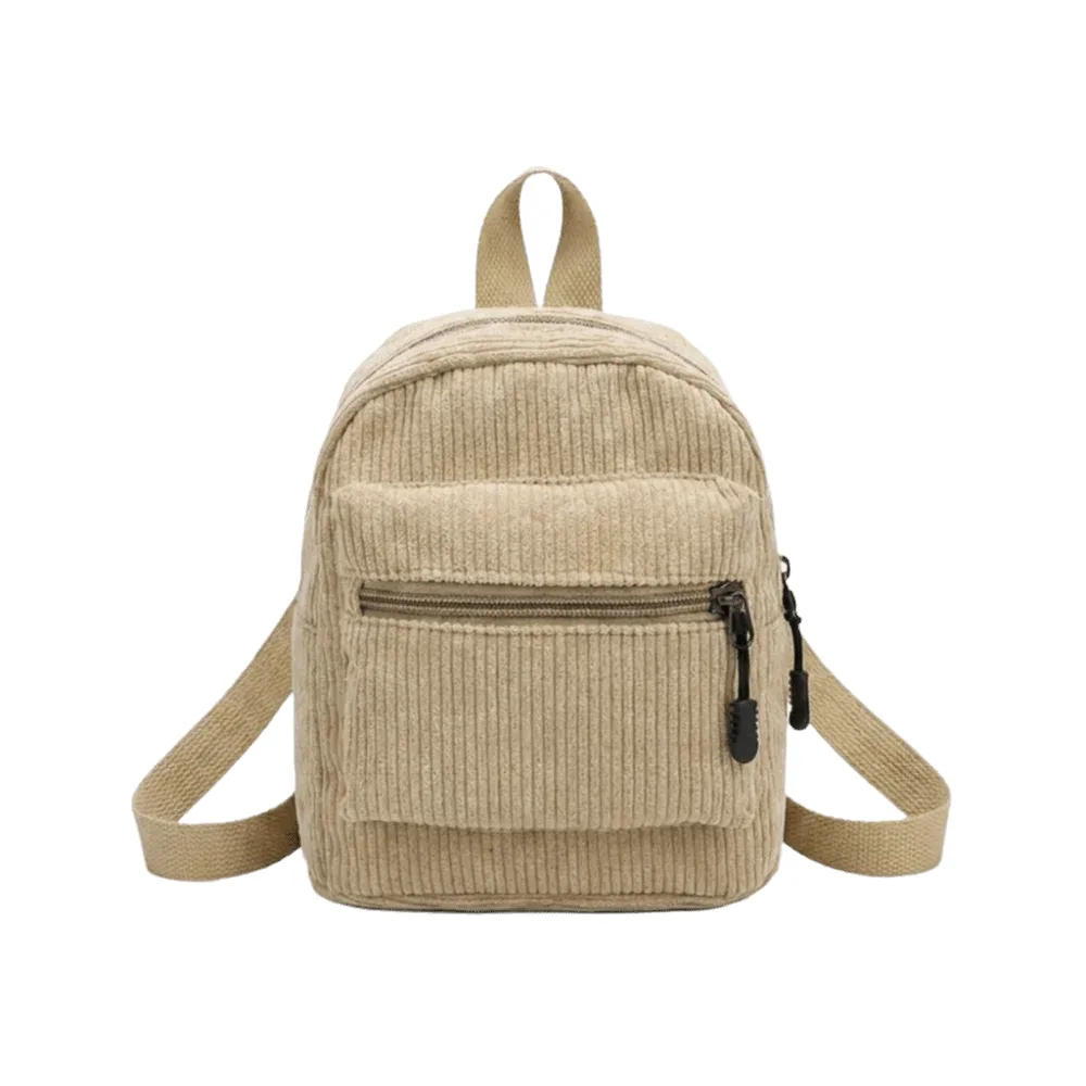 mini sac à dos polyvalent en velours côtelé de couleur unie, léger, avec fermeture éclair, double bandoulière, style vintage, multi-poches, pour le quotidien et les voyages