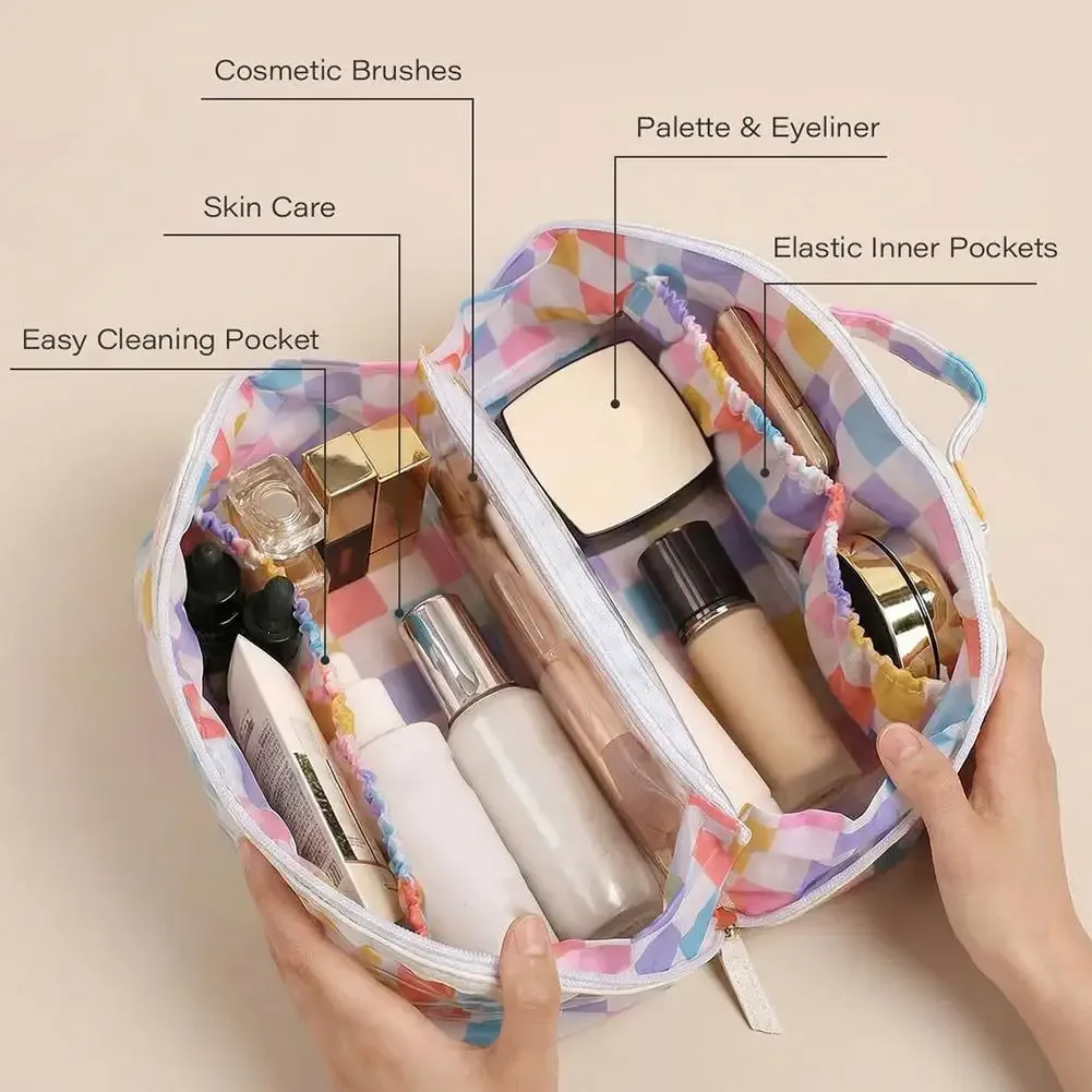 sac de maquillage imperméable en pvc, double fermeture éclair, sac de rangement cosmétique à rayures en damier, sac de toilette de voyage grande capacité