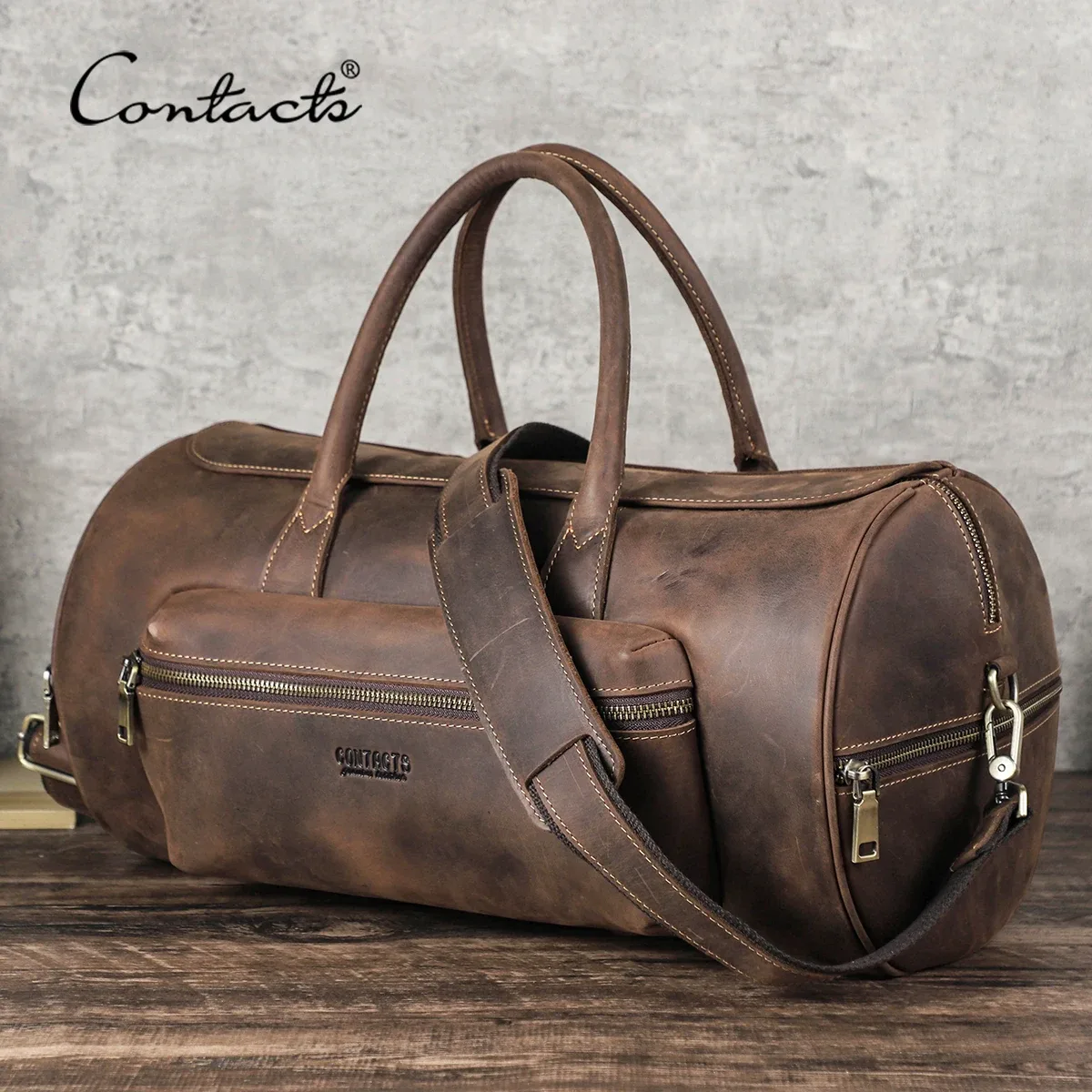 CONTACT'S-Sac à bagages fourre-tout en cuir véritable pour homme, sac de voyage pour homme, sac à bandoulière pour homme, cuir de cheval Elin, initié