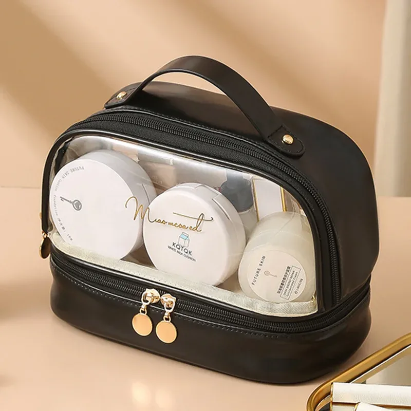 sac de maquillage lanterne lettre personnalisable, sac de rangement de voyage portable de grande capacité, trousse de toilette portable double couche en pu