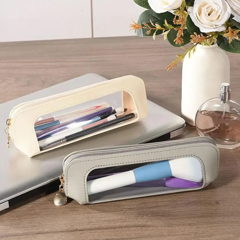 ins – trousse de maquillage transparente japonaise de grande capacité, pochette de toilette de voyage en cuir pu solide, sac de rangement portable pour pinceaux de maquillage