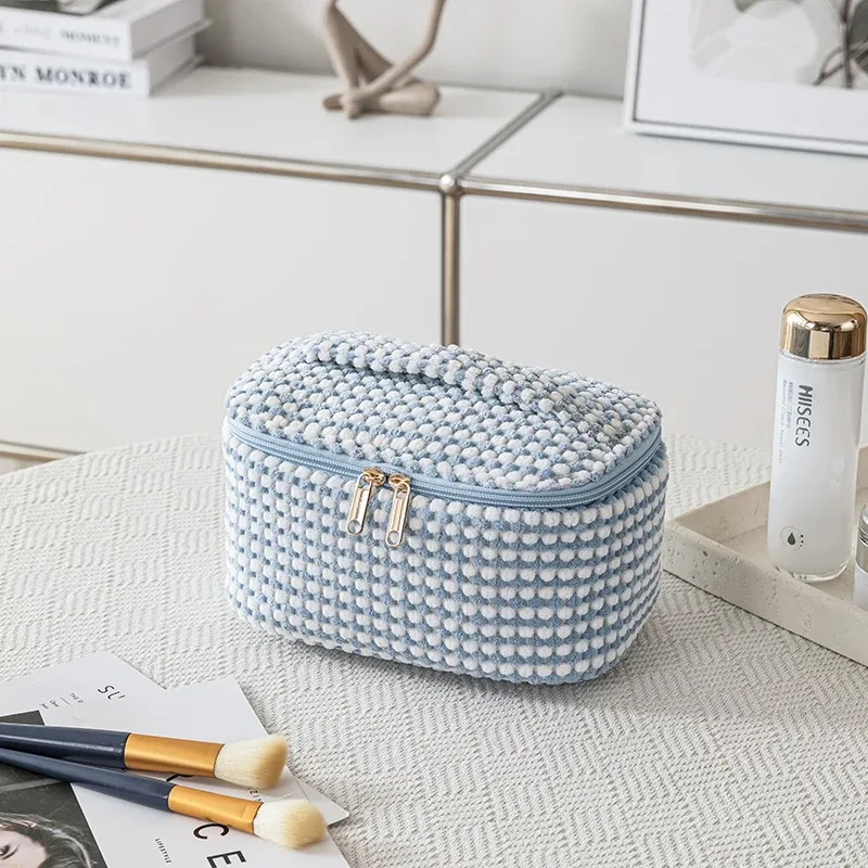 sacs de maquillage en peluche pour femmes, trousse à cosmétiques à fermeture éclair à carreaux, étui portable pour poudres de stockage d'évaluation cosmétique