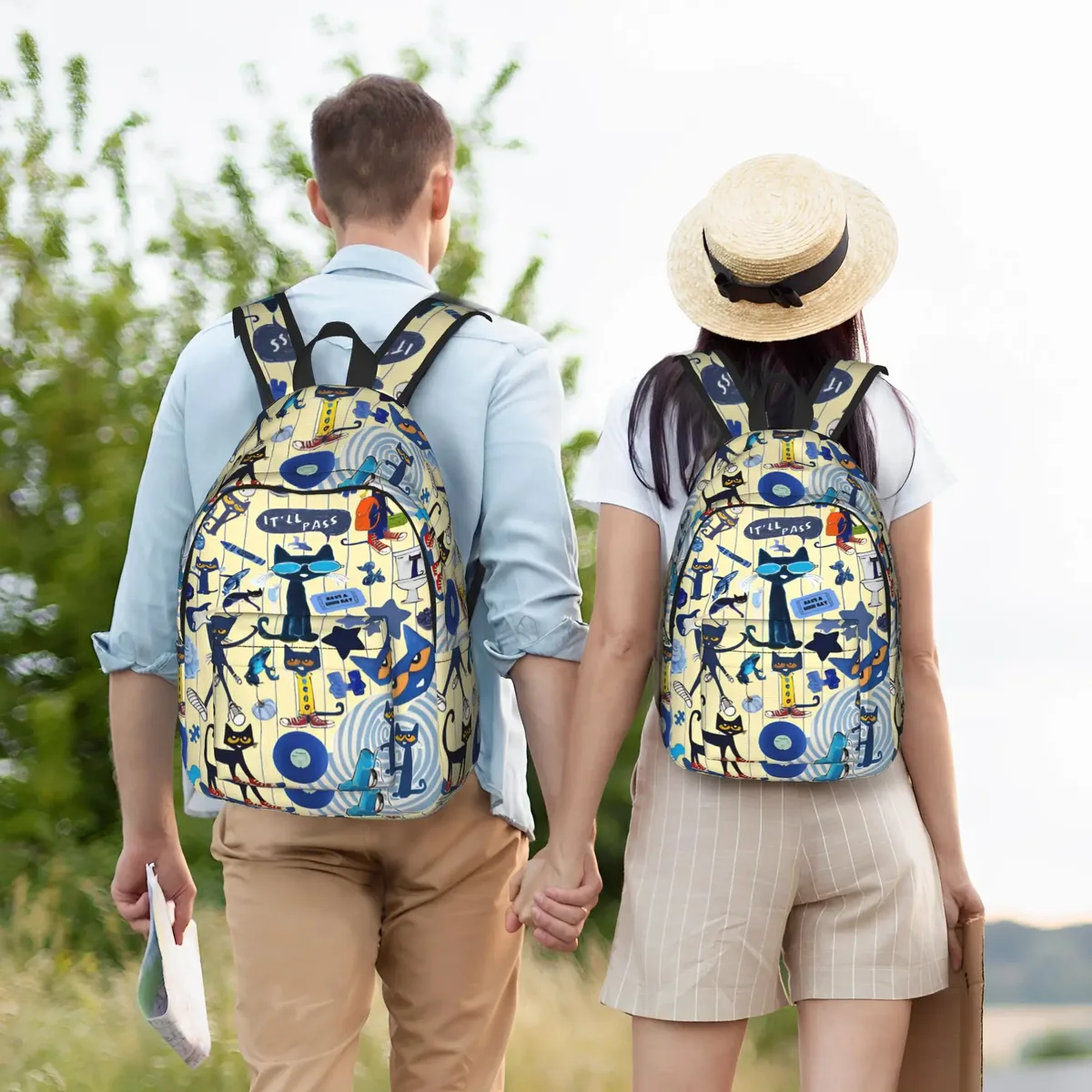 pete the cat sac à dos décontracté avec poche pour étudiants, sac à dos de travail, sac à dos de dessin animé pour hommes et femmes, sac à bandoulière pour ordinateur portable