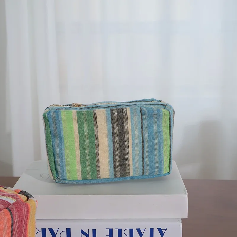sac de maquillage rayé en toile pour femmes, pochette à cosmétiques décontractée, organisateur de voyage, grand rangement pour les vacances, usage quotidien, léger et durable