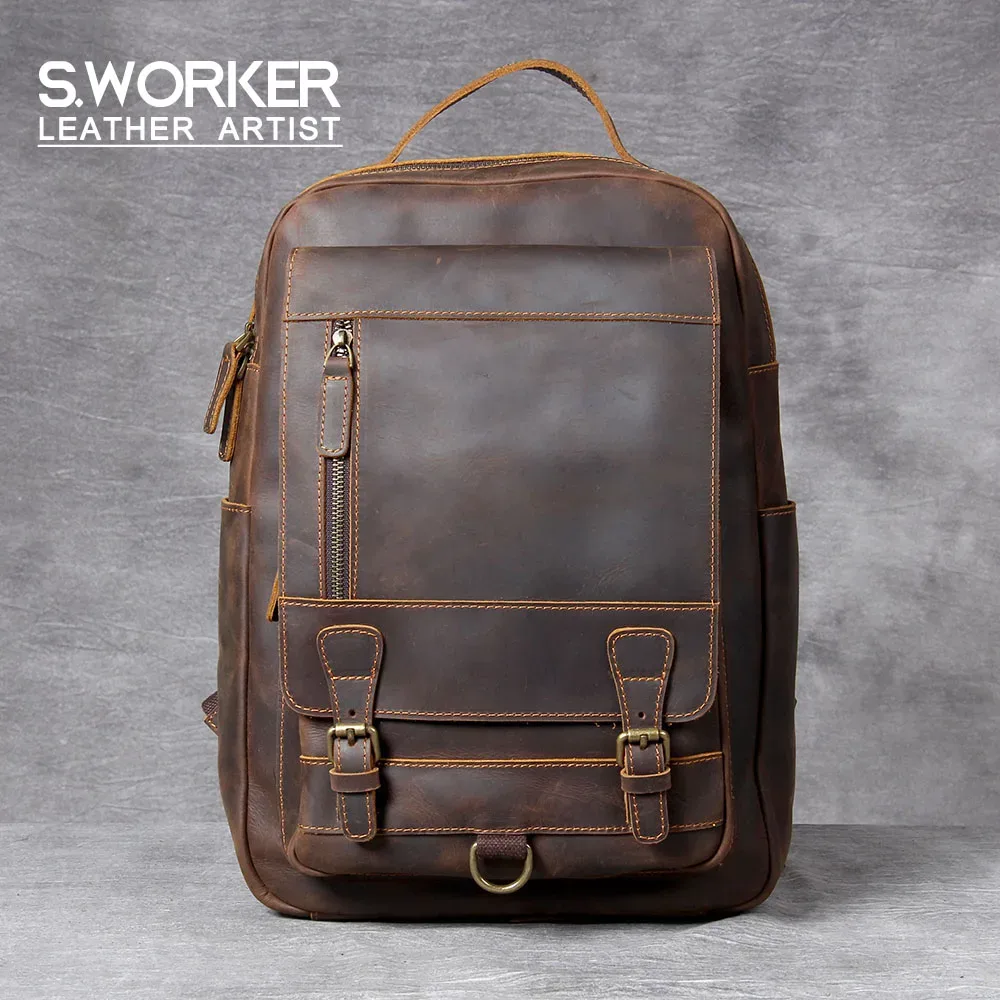 S.WORKER Vintage en cuir véritable sac à dos pour ordinateur portable Crazy-horse en cuir sac d'école en plein air voyage Weekender sac à bandoulière