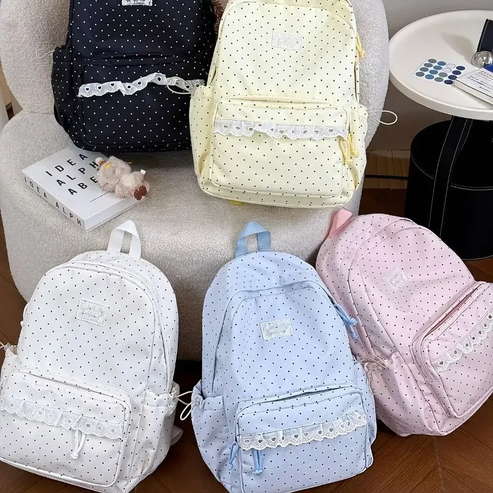 sac à dos à pois élégant avec nœud minimaliste et bordure en dentelle, grande capacité, léger, pour étudiants, école et voyage